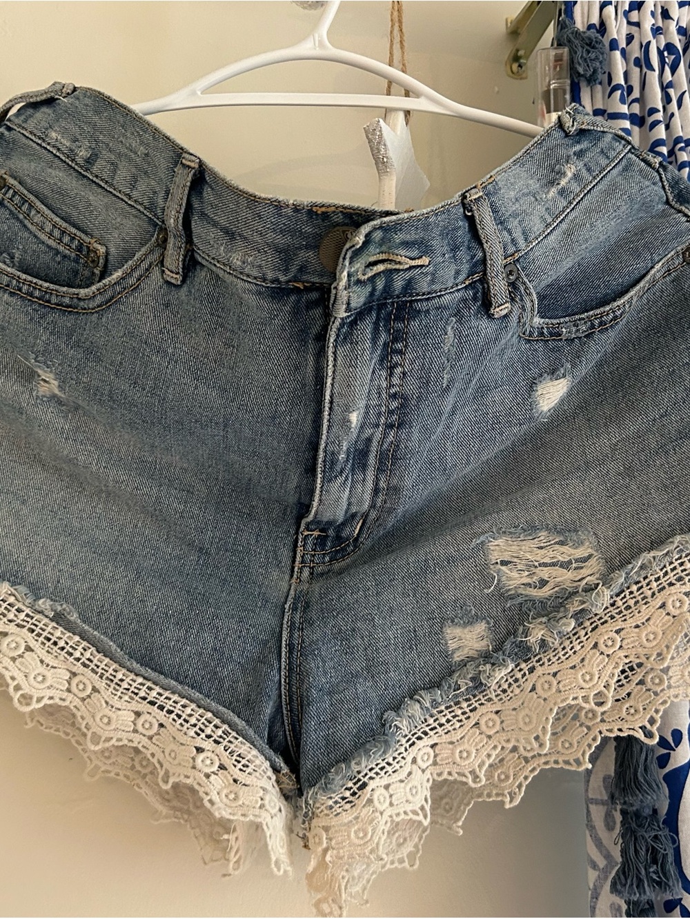 Free People Light Blue Distressed Denim Shorts with Lace Hem